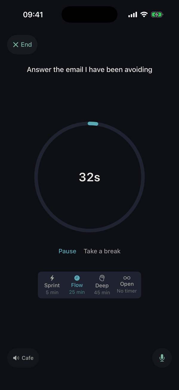 The focus session screen: a count-up timer ring, ambient Cafe sound, and Sprint, Flow, Deep, and Open session modes.