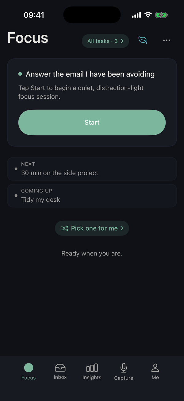 The KickMint Focus screen on iPhone: a single task, Answer the email I have been avoiding, with a Start button, a short queue of upcoming tasks, and a Pick one for me button.