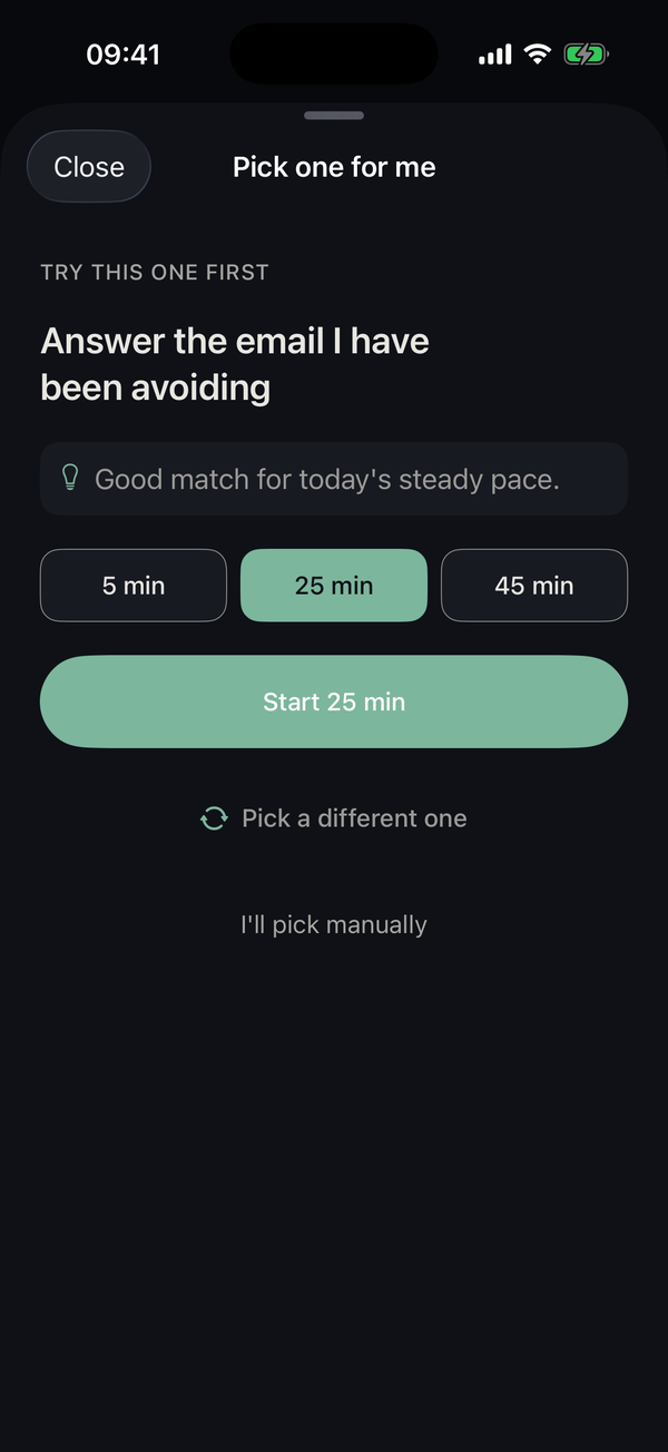 Pick one for me: KickMint suggests a single task, Answer the email I have been avoiding, with a 25 minute session and a Start button.